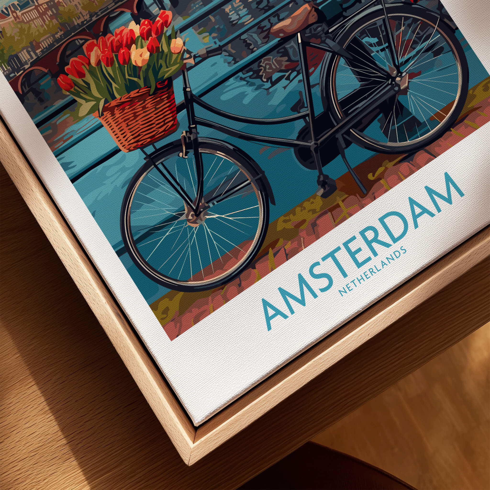 Amsterdam Poster featuring a bicycle with tulips on a charming bridge over canals in Amsterdam.