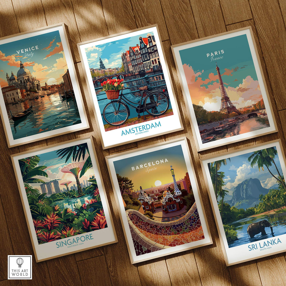 Collection of travel posters featuring Amsterdam Poster, Venice, Paris, Barcelona, Singapore, and Sri Lanka.