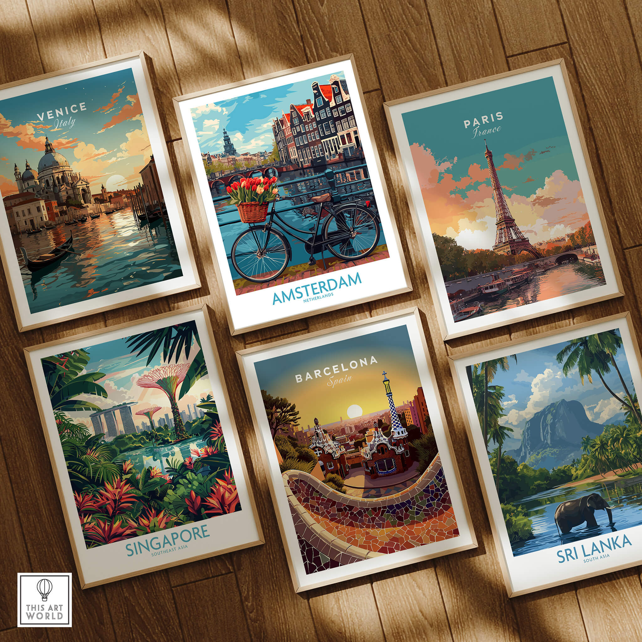 Collection of travel posters featuring Amsterdam Poster, Venice, Paris, Barcelona, Singapore, and Sri Lanka.