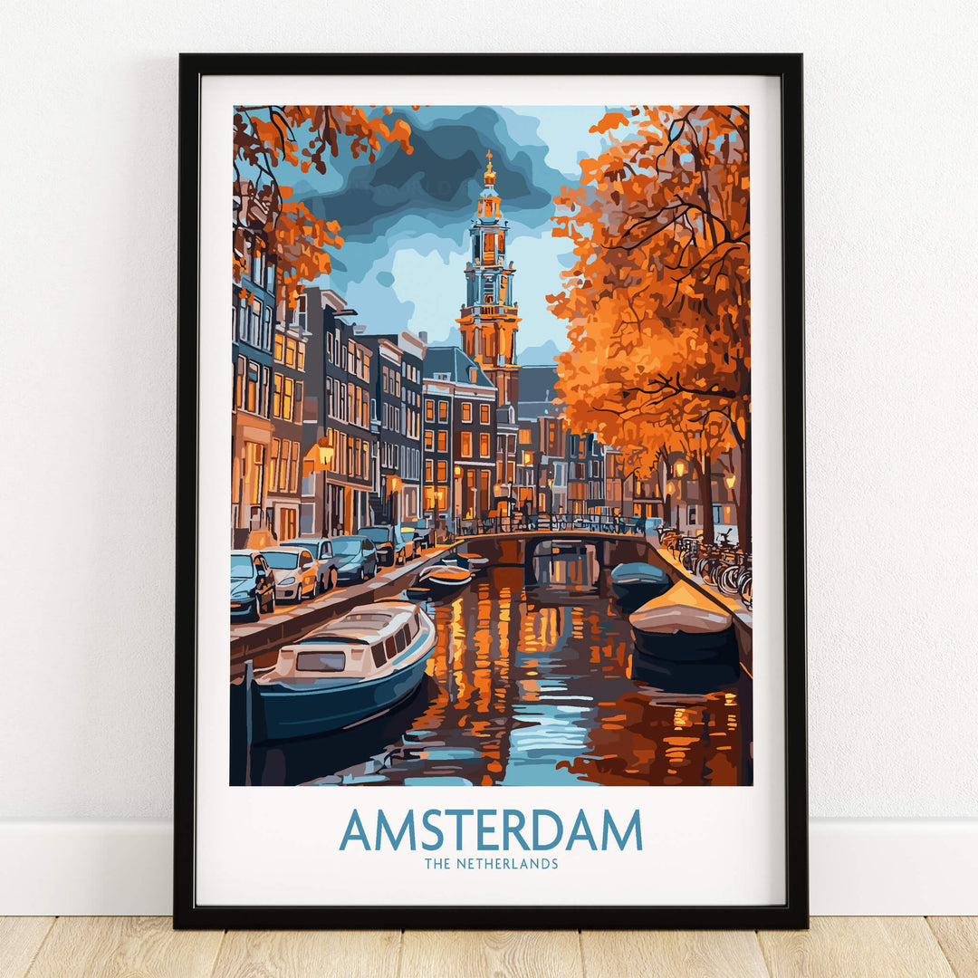Vibrant Amsterdam Canal View Poster - Colourful Reflection on the Canals Art showcasing stunning canal scene.