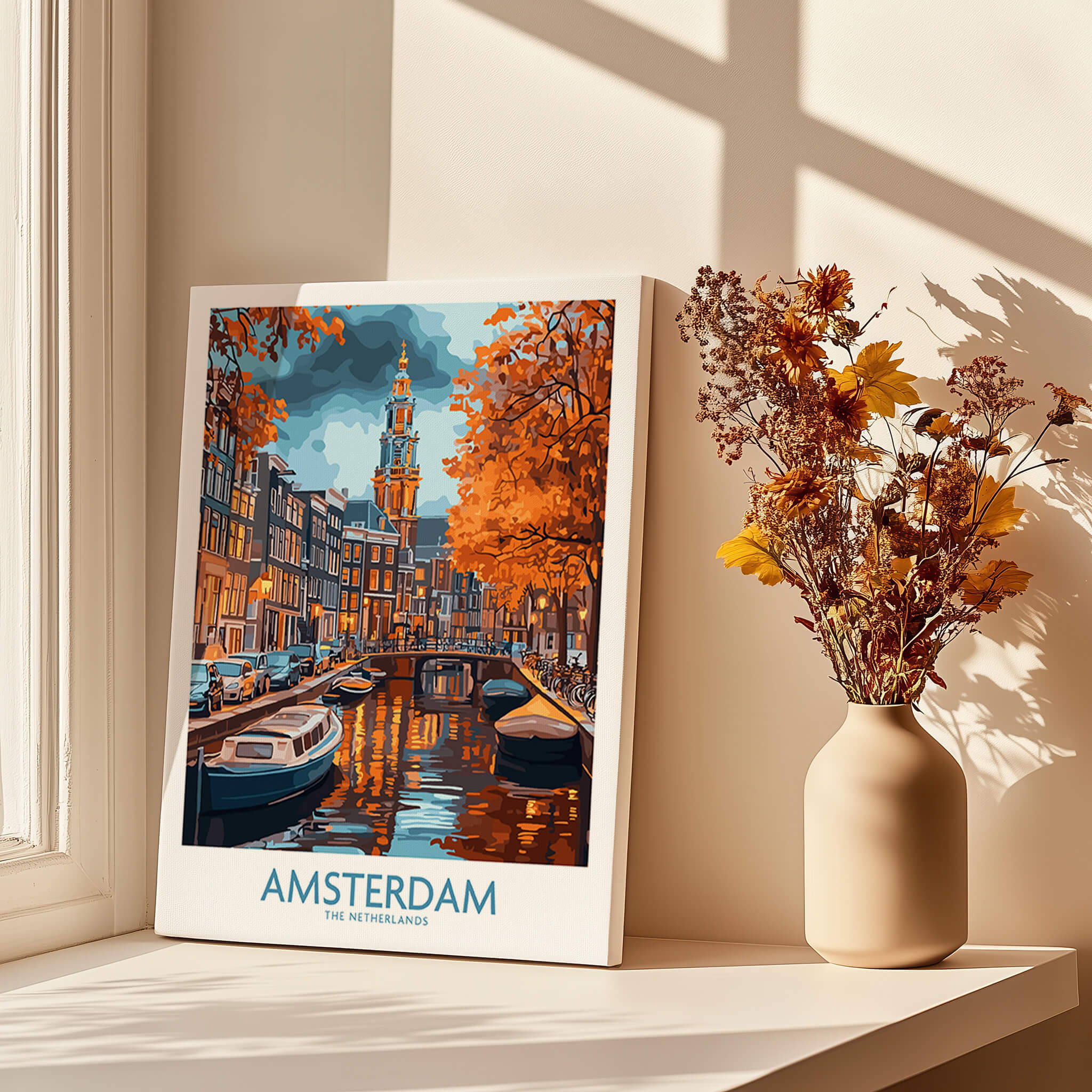 Vibrant Amsterdam Canal View Poster - Colourful Reflection on the Canals Art displayed near a window with flowers.