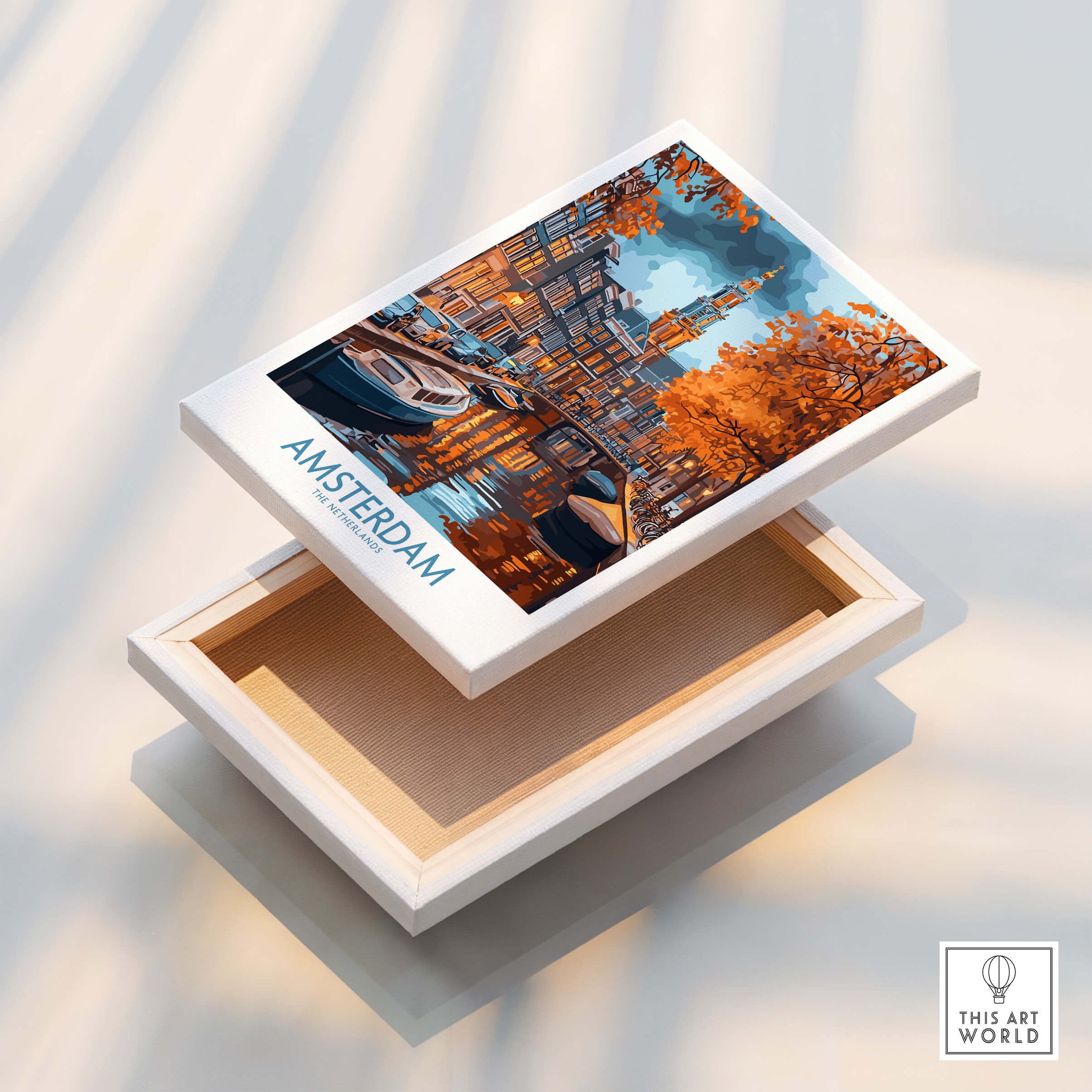 Vibrant Amsterdam Canal View Poster - Colourful Reflection on the Canals Art displayed on a wooden box.