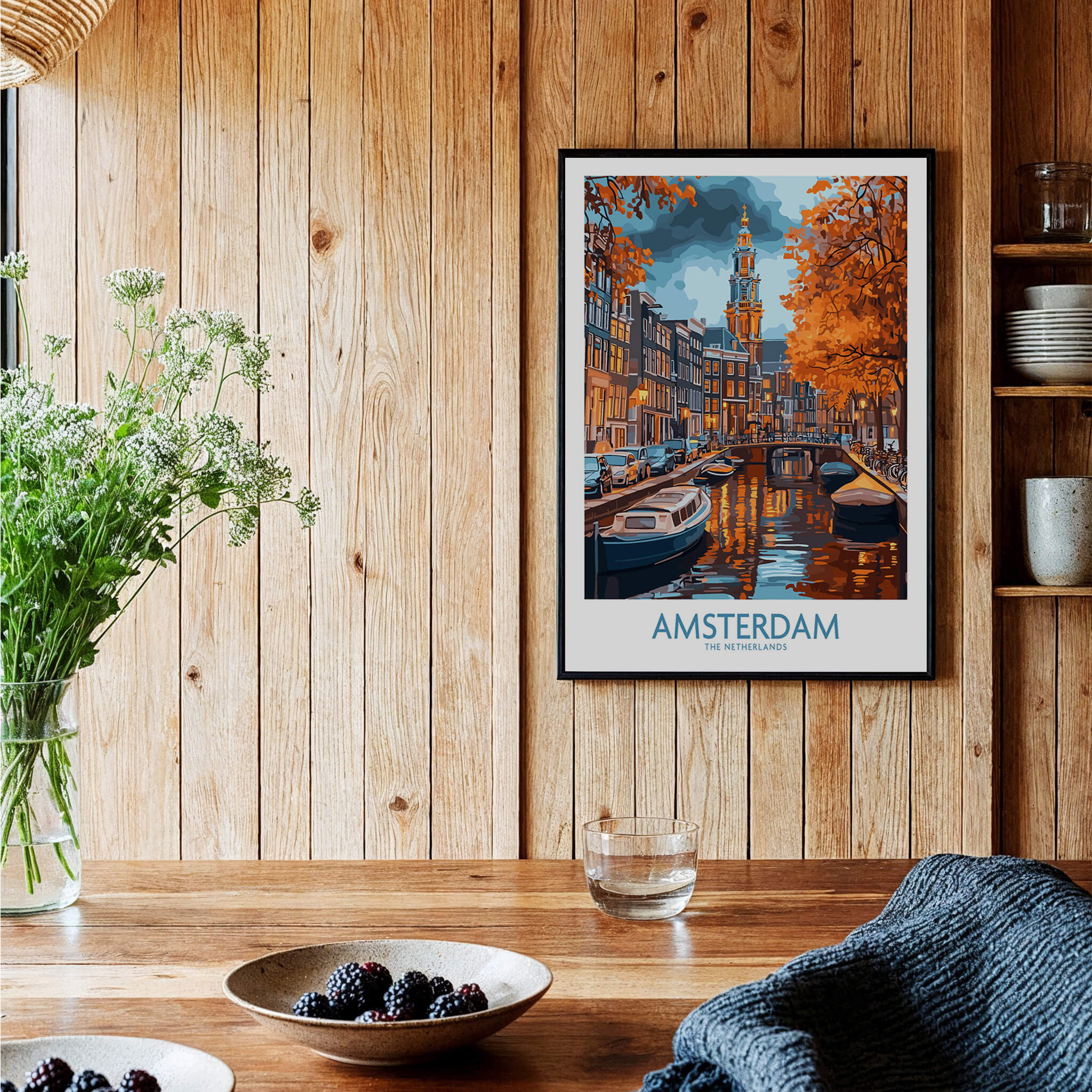 Vibrant Amsterdam Canal View Poster - Colourful Reflection on the Canals Art mounted in a cozy interior setting.