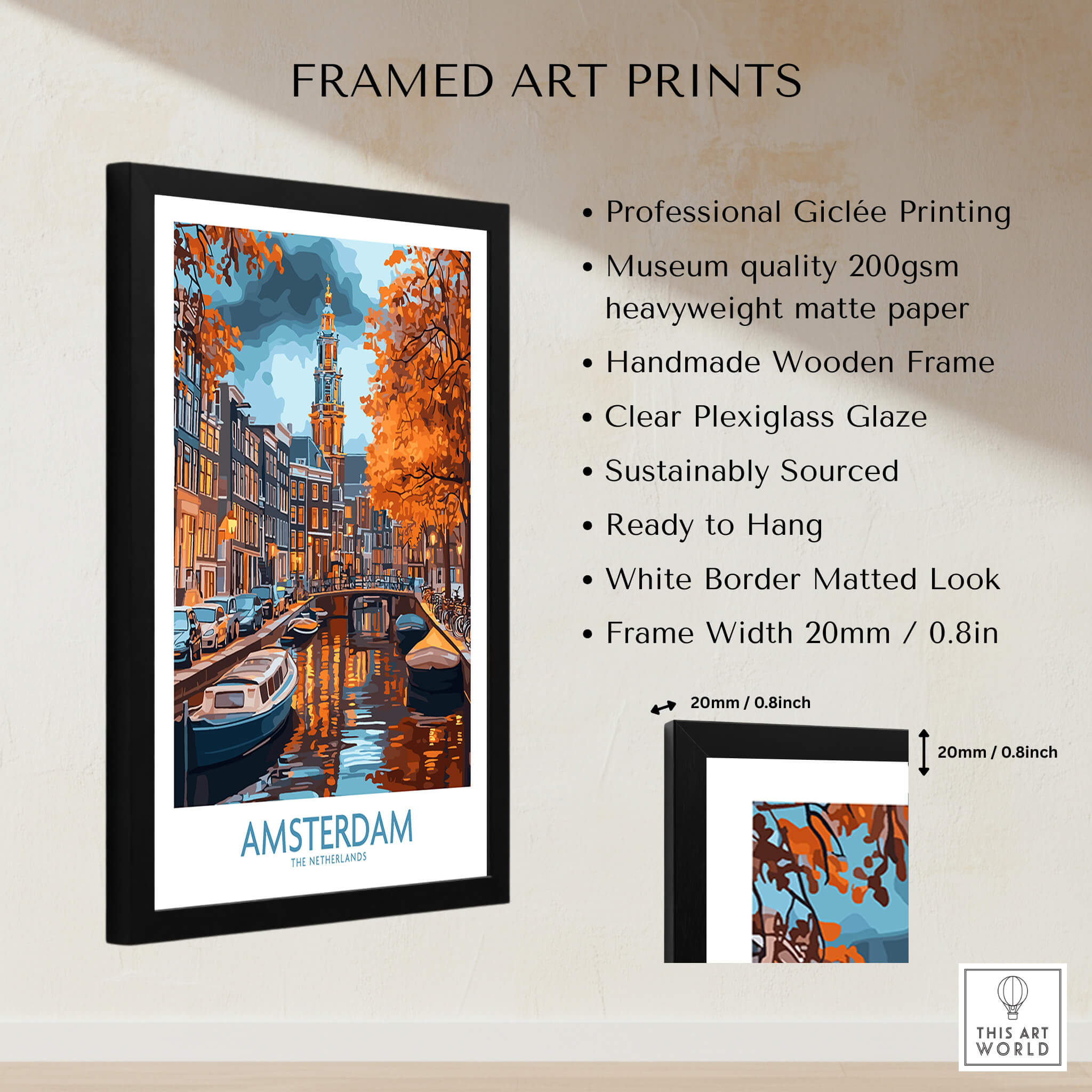 Vibrant Amsterdam Canal View Poster - Colourful Reflection on the Canals Art framed print featuring picturesque canal scene.