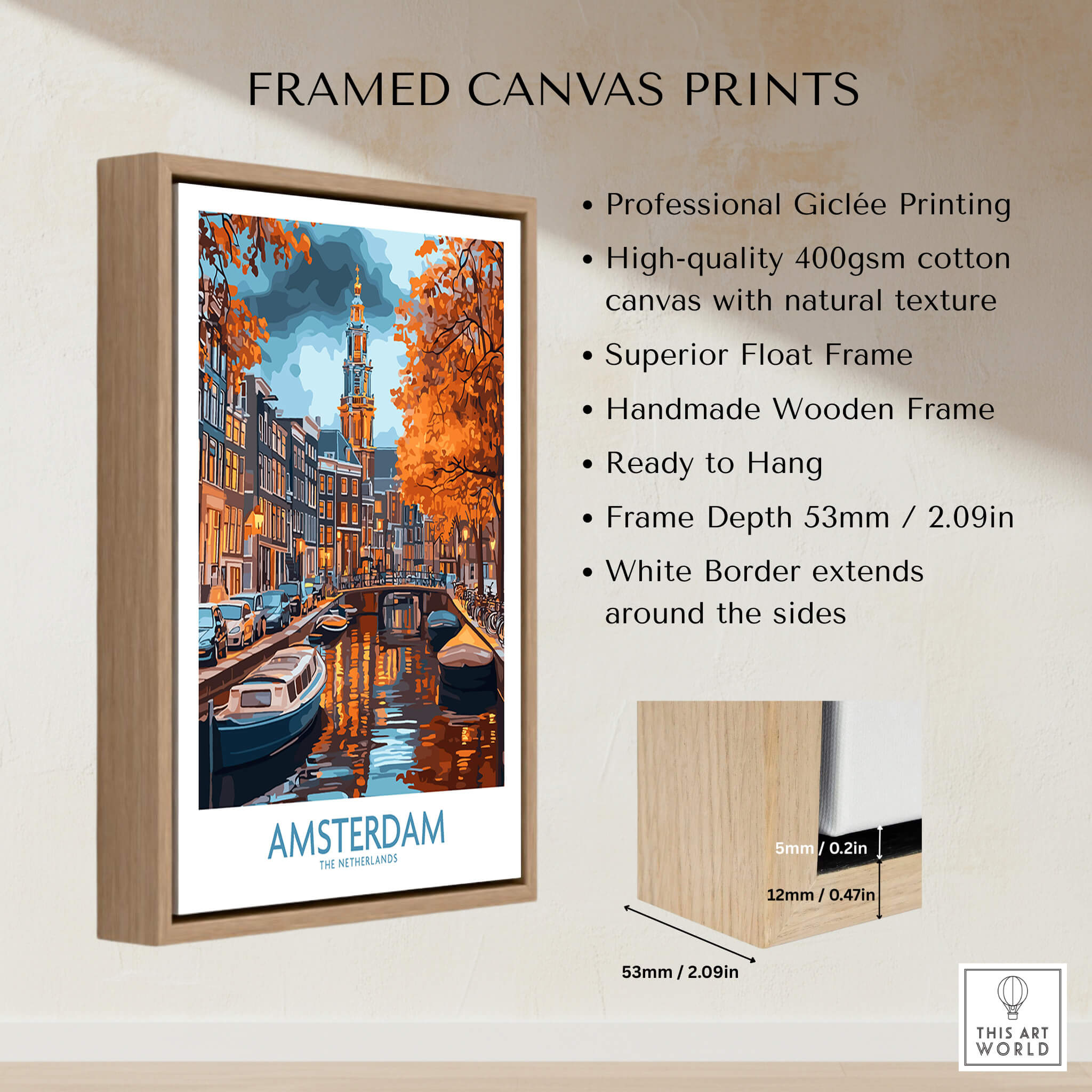 Vibrant Amsterdam Canal View Poster - Colourful Reflection on the Canals Art showcasing framed canvas print details.