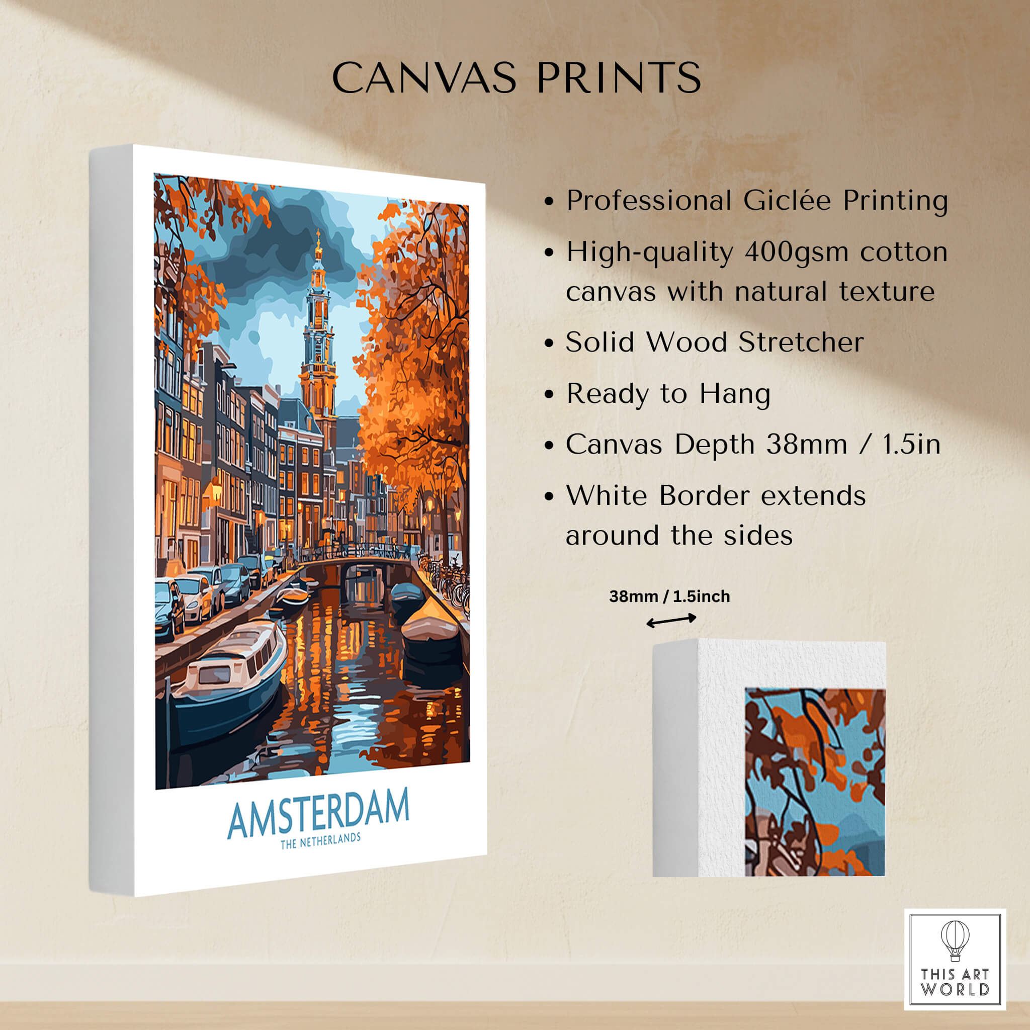 Vibrant Amsterdam Canal View Poster - Colourful Reflection on the Canals Art showcased in a professional Giclée print format.