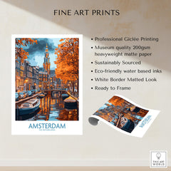 Vibrant Amsterdam Canal View Poster - Colourful Reflection on the Canals Art displayed alongside product details.