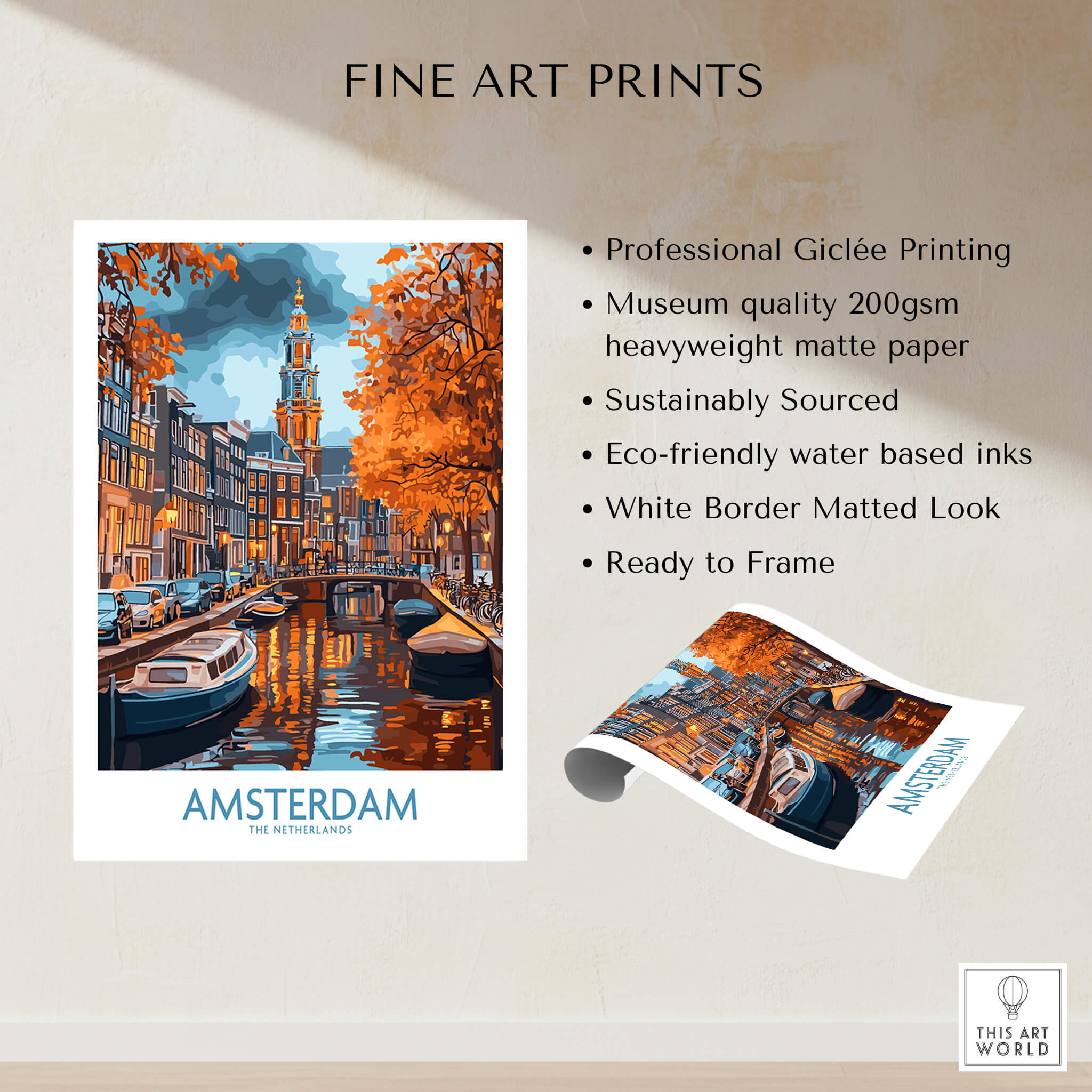 Vibrant Amsterdam Canal View Poster - Colourful Reflection on the Canals Art displayed alongside product details.