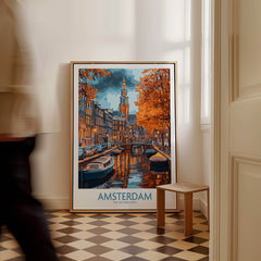 Vibrant Amsterdam Canal View Poster - Colourful Reflection on the Canals Art in a modern interior setting.