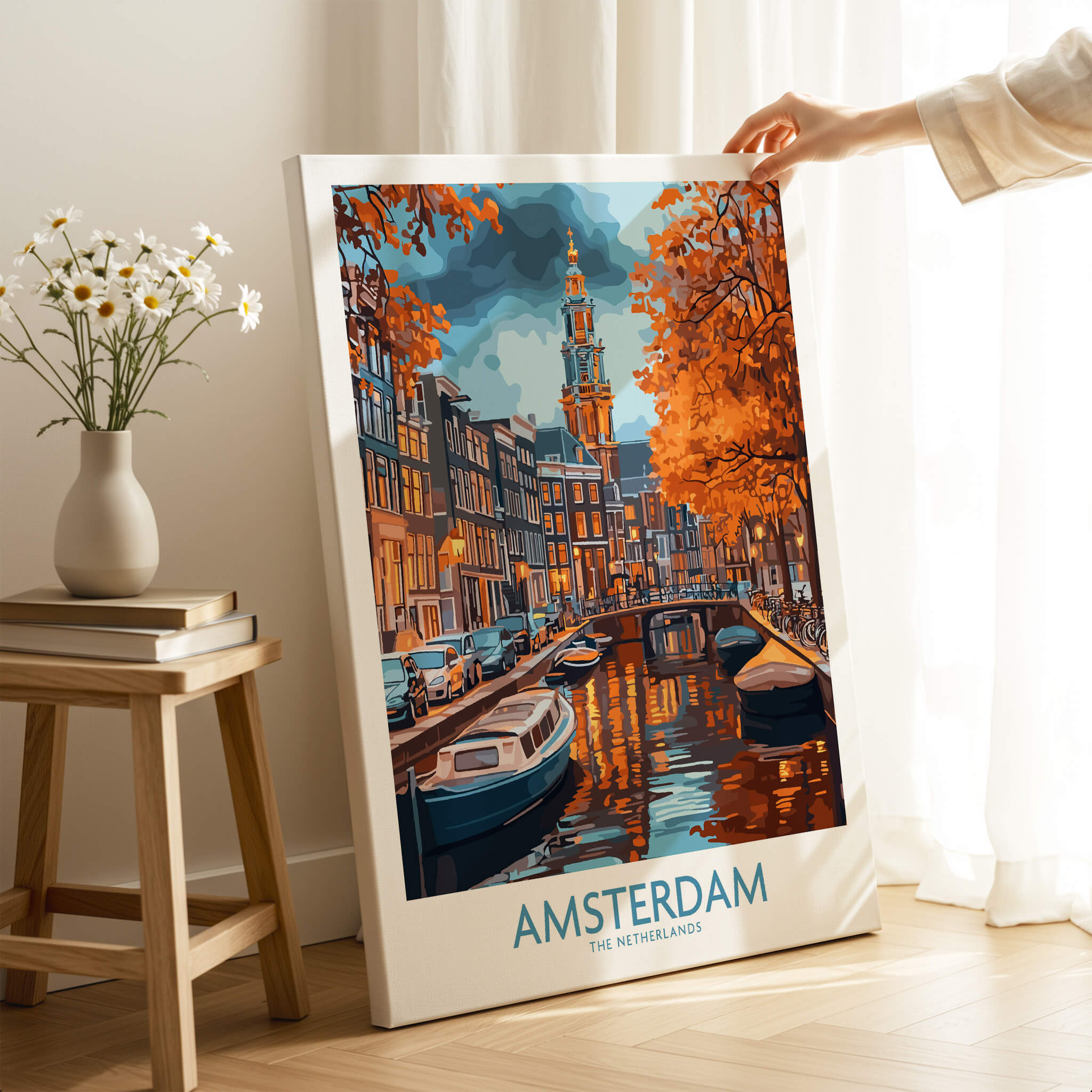 Vibrant Amsterdam Canal View Poster - Colourful Reflection on the Canals Art featuring vibrant autumn colors and serene waters.