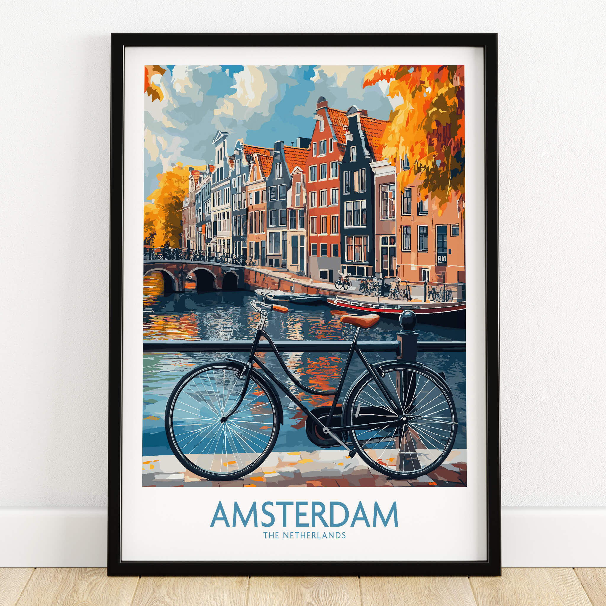 Bright Amsterdam Canal Poster - Colourful Dutch Houses Reflecting on Water Art, featuring a bike and picturesque canal scene.