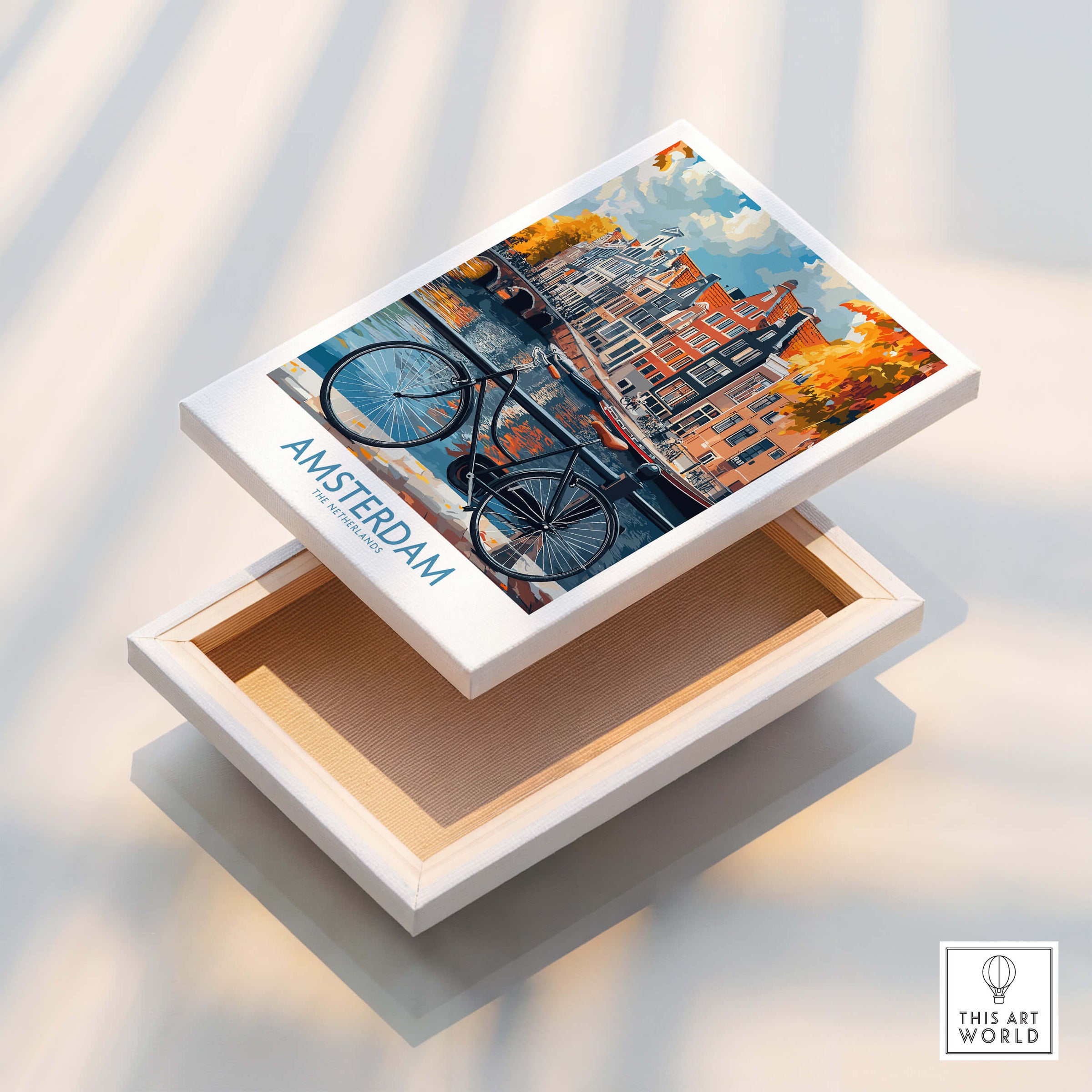 Bright Amsterdam Canal Poster - Colourful Dutch Houses Reflecting on Water Art with a bicycle in the foreground.