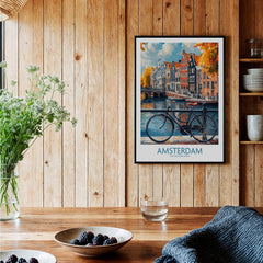 Bright Amsterdam Canal Poster - Colourful Dutch Houses Reflecting on Water Art displayed in a cozy interior.