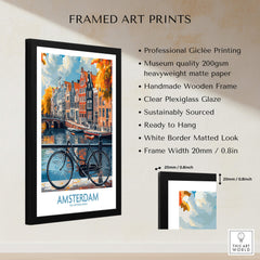 Bright Amsterdam Canal Poster - Colourful Dutch Houses Reflecting on Water Art in a stylish black frame.