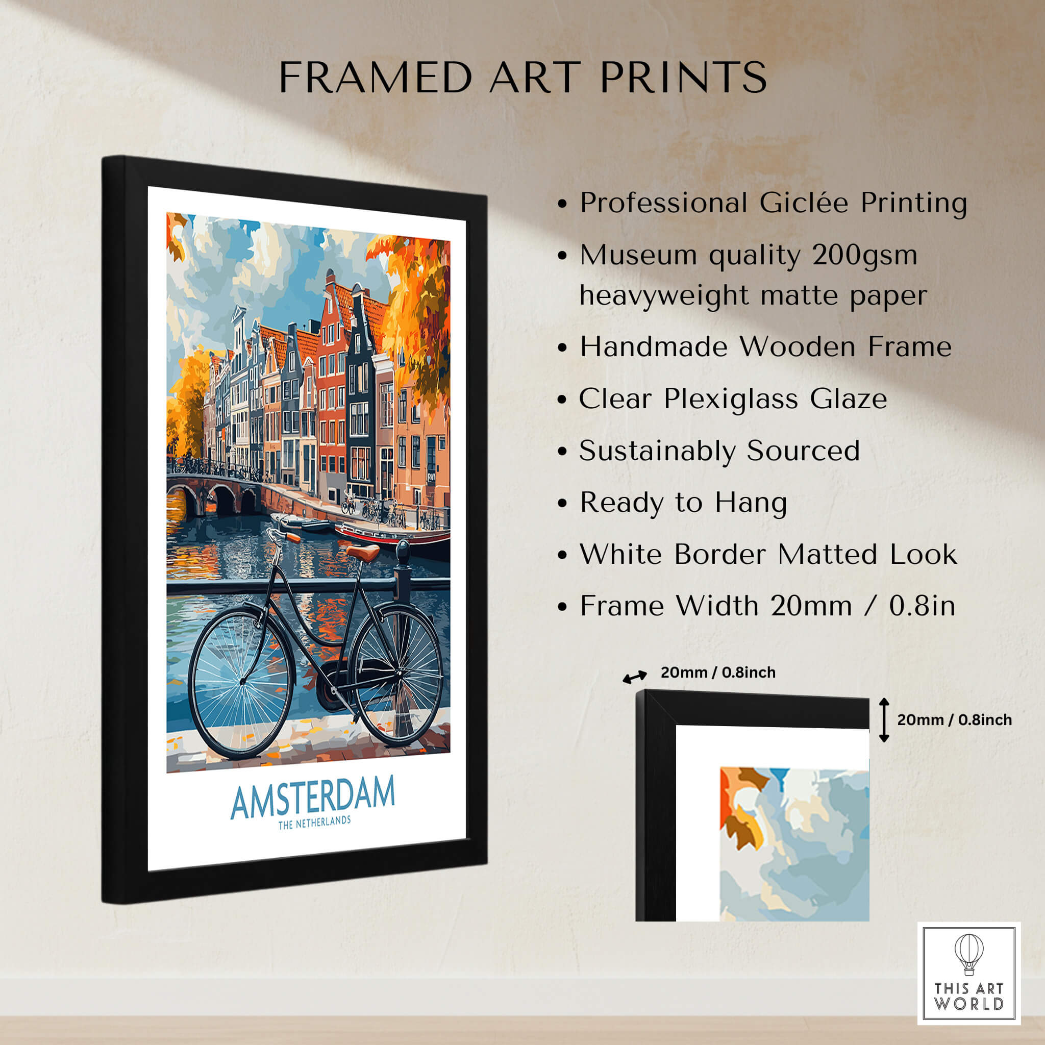 Bright Amsterdam Canal Poster - Colourful Dutch Houses Reflecting on Water Art in a stylish black frame.