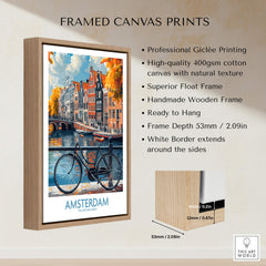 Bright Amsterdam Canal Poster - Colourful Dutch Houses Reflecting on Water Art framed print with bike and canal.
