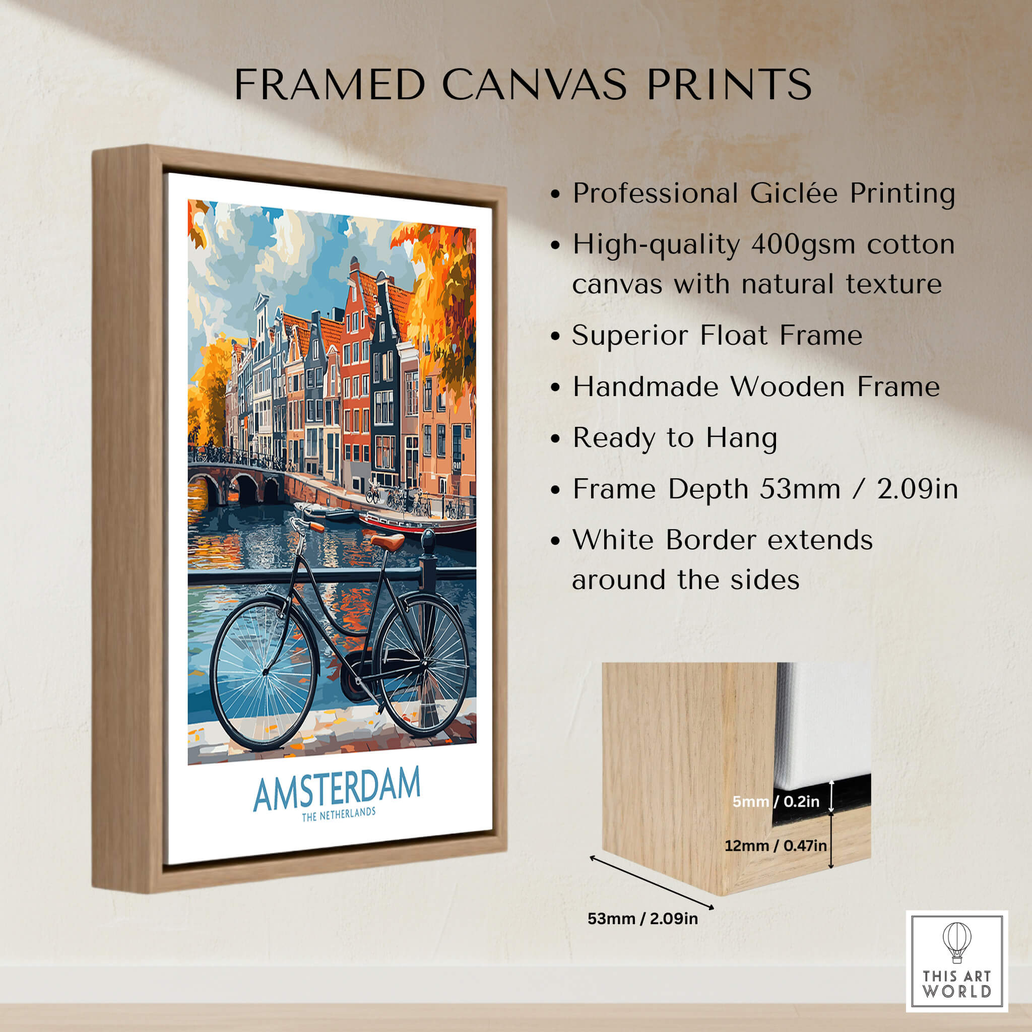 Bright Amsterdam Canal Poster - Colourful Dutch Houses Reflecting on Water Art framed print with bike and canal.