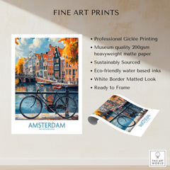 Bright Amsterdam Canal Poster - Colourful Dutch Houses Reflecting on Water Art featuring bike and canal scene.