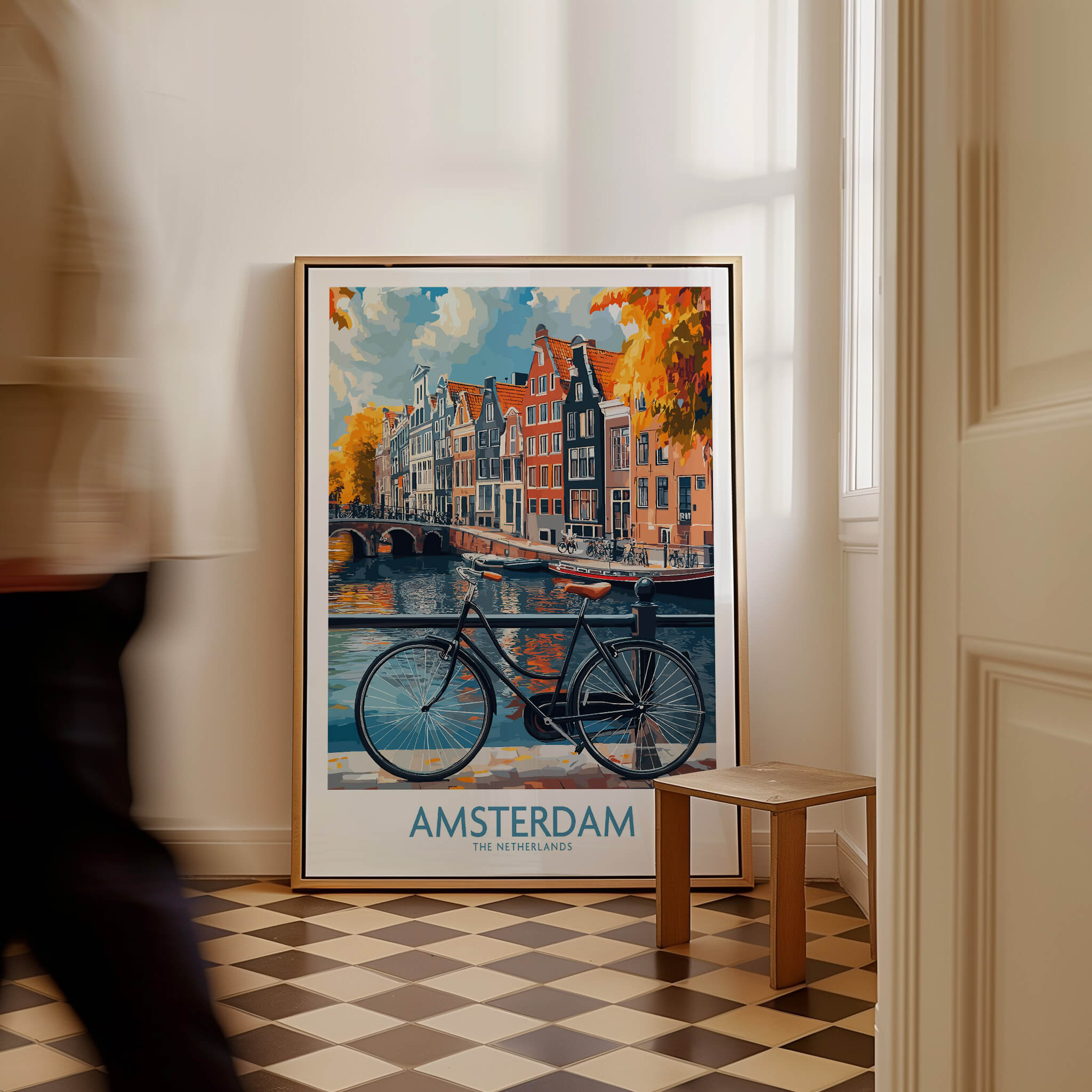 Bright Amsterdam Canal Poster - Colourful Dutch Houses Reflecting on Water Art displayed in a stylish room with bicycle.