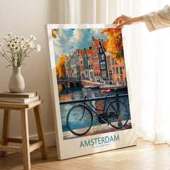 Bright Amsterdam Canal Poster - Colourful Dutch Houses Reflecting on Water Art featuring a classic bike and vibrant canals.