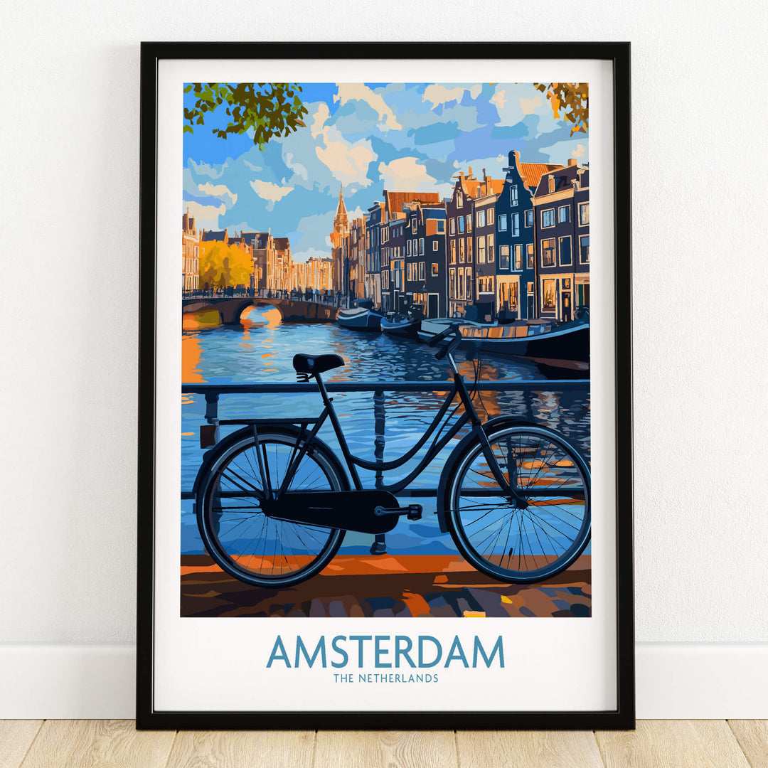 Amsterdam in Full Color - Canal Houses and Canals Poster Print for Home Decor showcasing vibrant canal scene and bicycle.