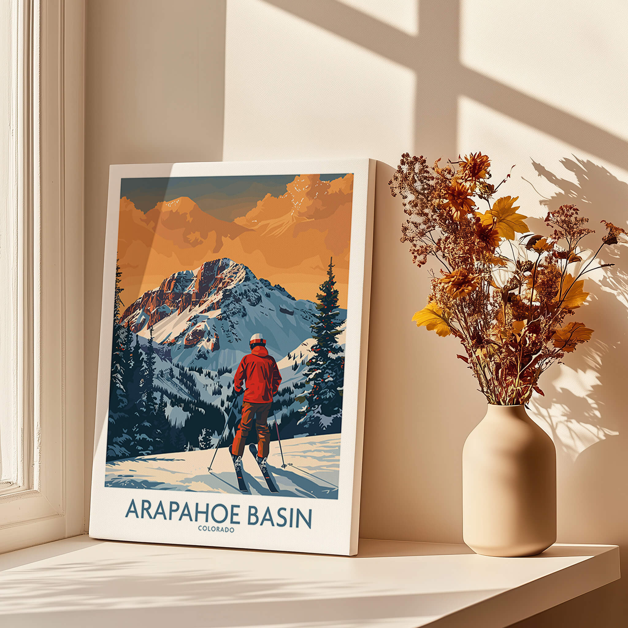 Arapahoe Basin Ski Print - Colorado showcasing a skier against a stunning mountain backdrop.