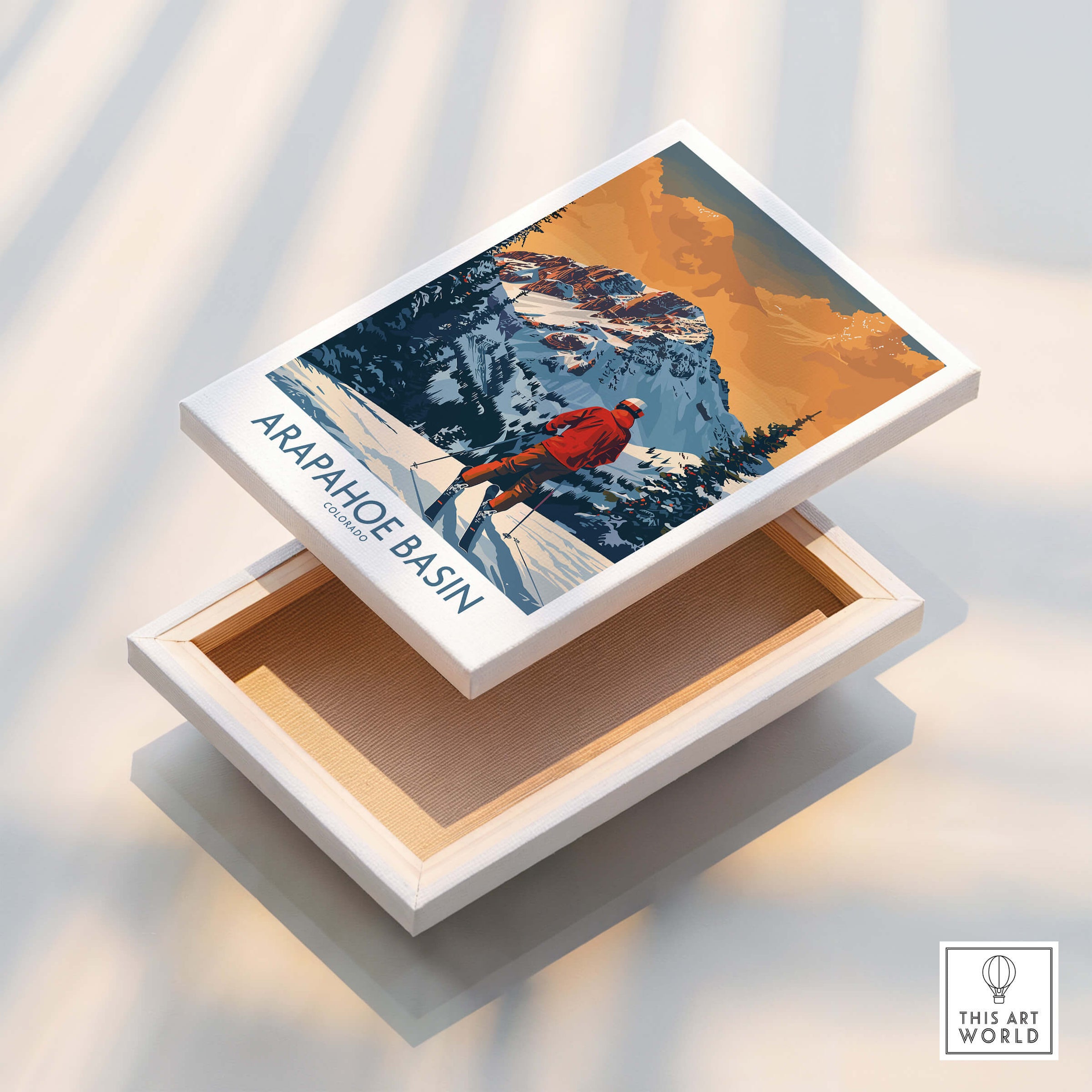Arapahoe Basin Ski Print - Colorado displayed on a wooden box, showcasing the beauty of skiing in Colorado's mountains.