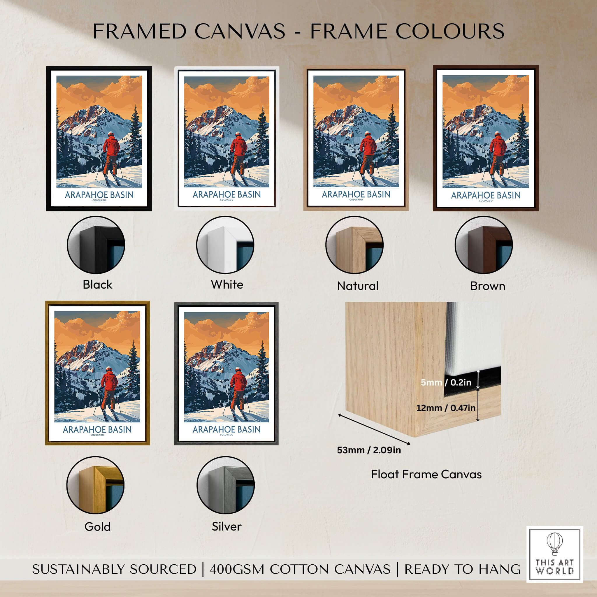 Framed canvas color options for Arapahoe Basin Ski Print - Colorado including black, white, natural, brown, gold, and silver.