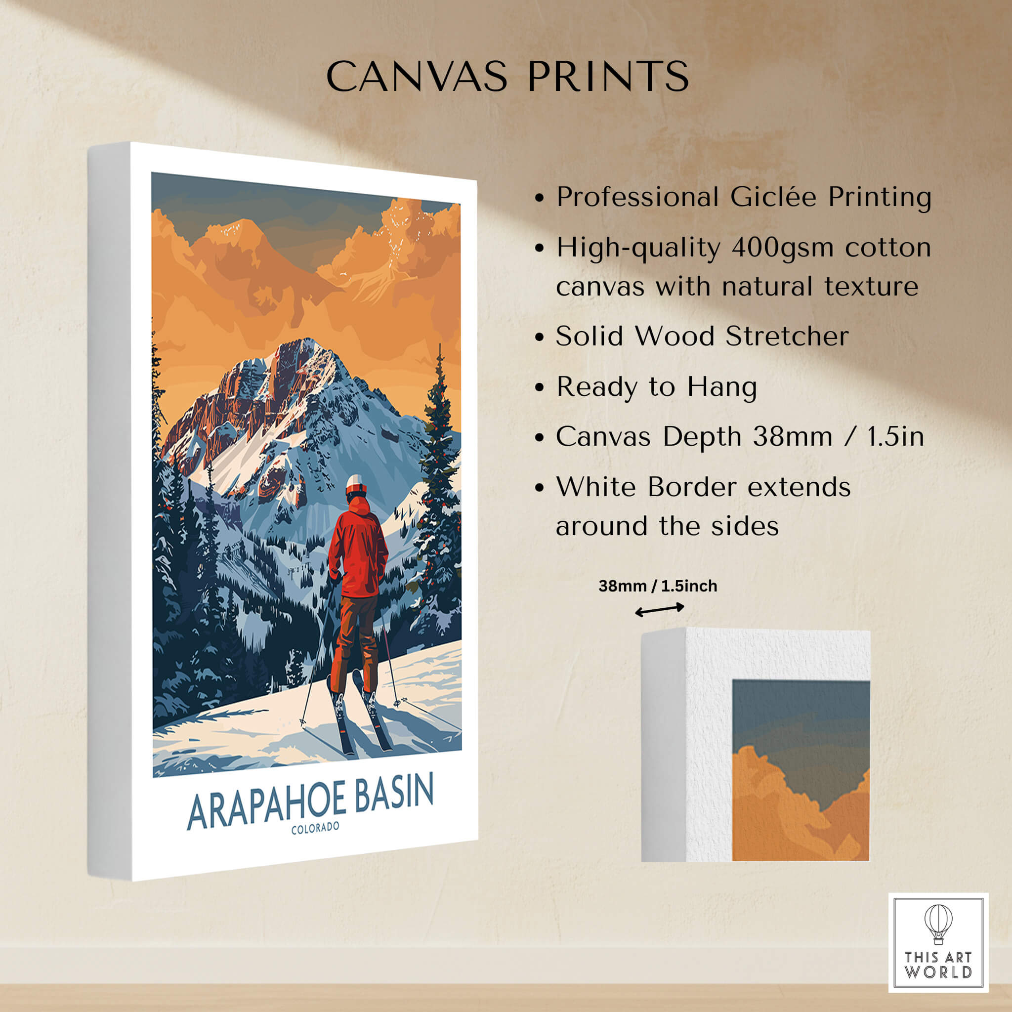 Arapahoe Basin Ski Print - Colorado showcasing a skier against mountains in rich colors, perfect for ski enthusiasts.