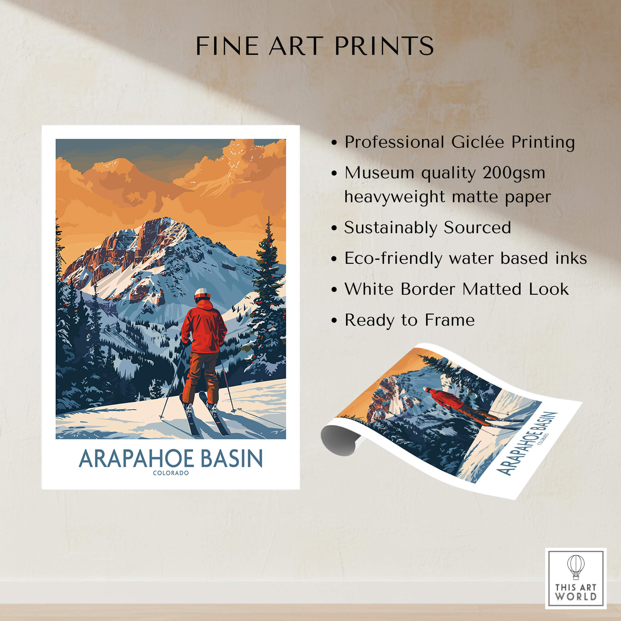 Arapahoe Basin Ski Print - Colorado showcasing a skier in the beautiful mountains, perfect for ski enthusiasts.