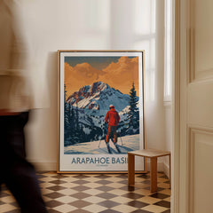 Arapahoe Basin Ski Print - Colorado showcasing a skier against the backdrop of majestic mountains in a stylish home setting.