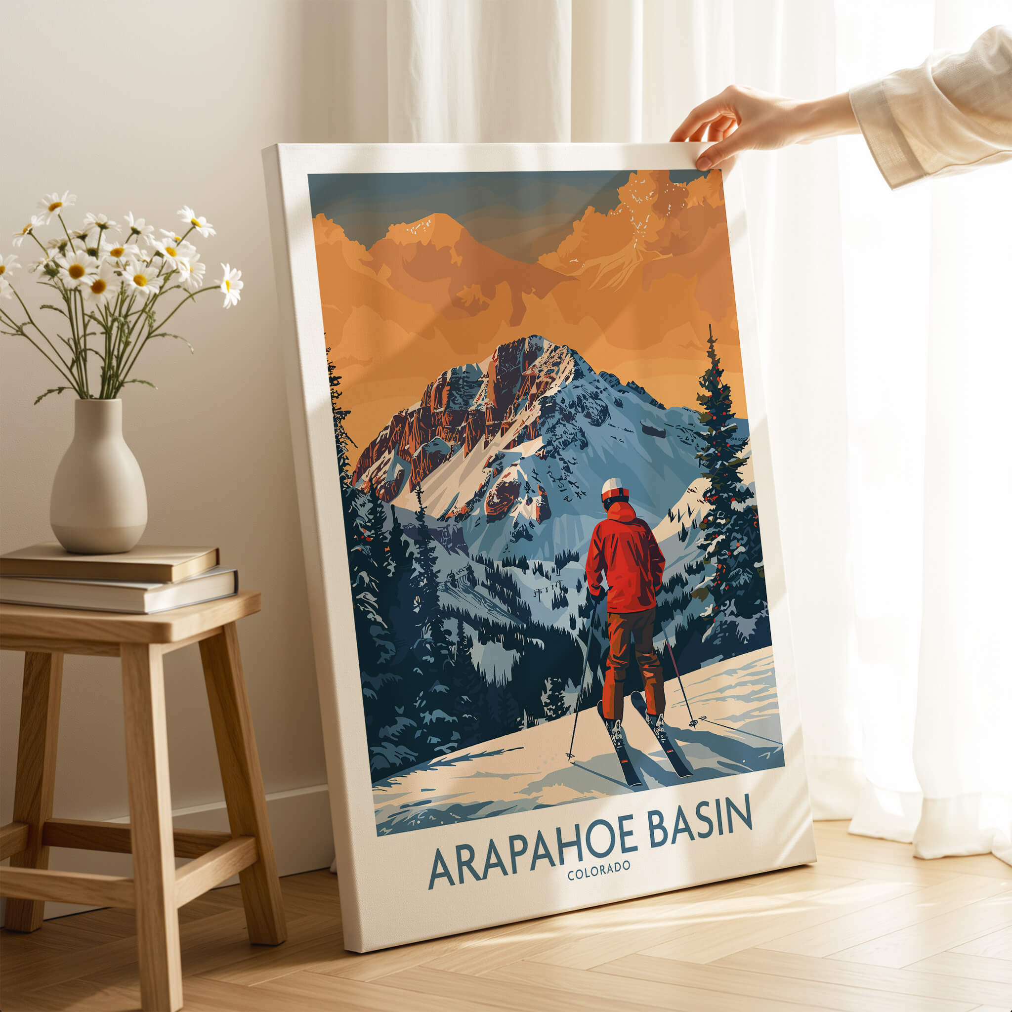 Arapahoe Basin Ski Print - Colorado showcasing skier against mountain backdrop in vibrant colors.