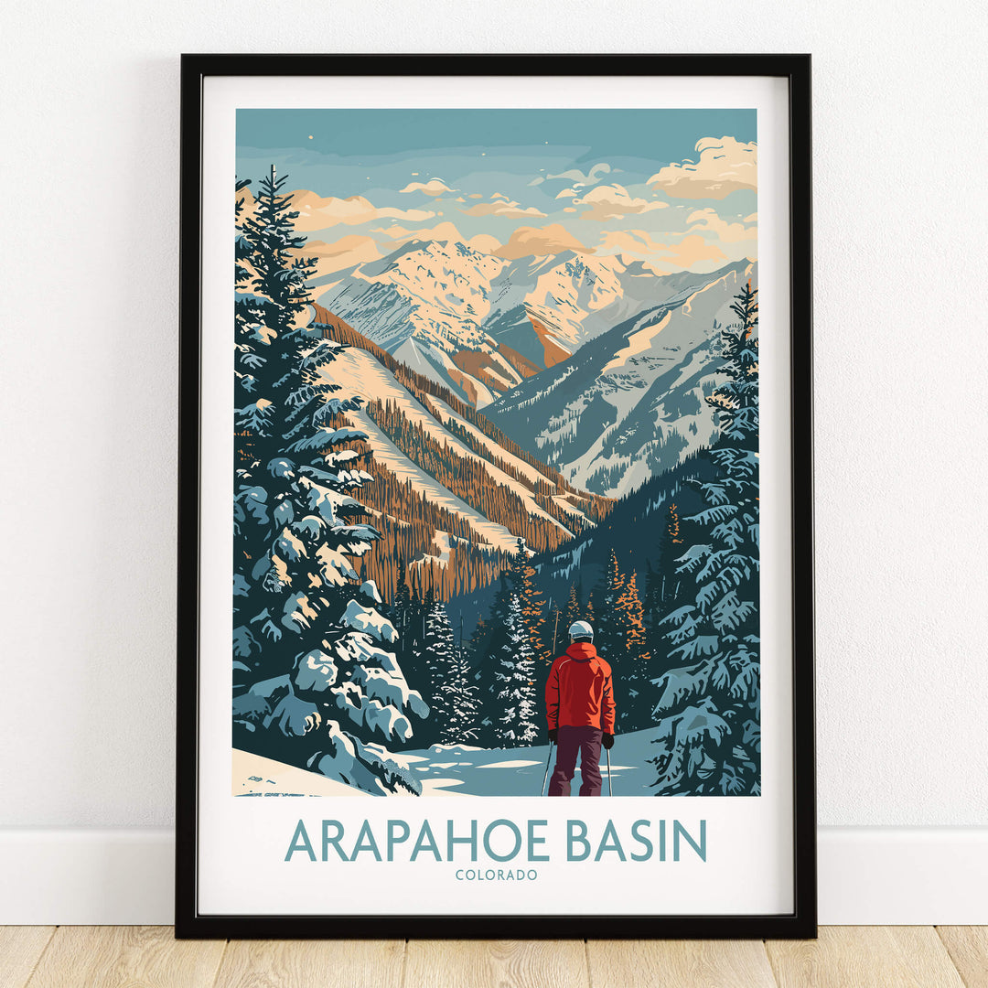 Arapahoe Basin Ski Poster featuring a snowy mountain landscape and a skier in Colorado.