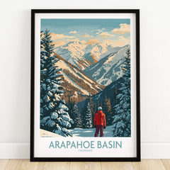 Arapahoe Basin Ski Poster featuring a snowy mountain landscape and a skier in Colorado.