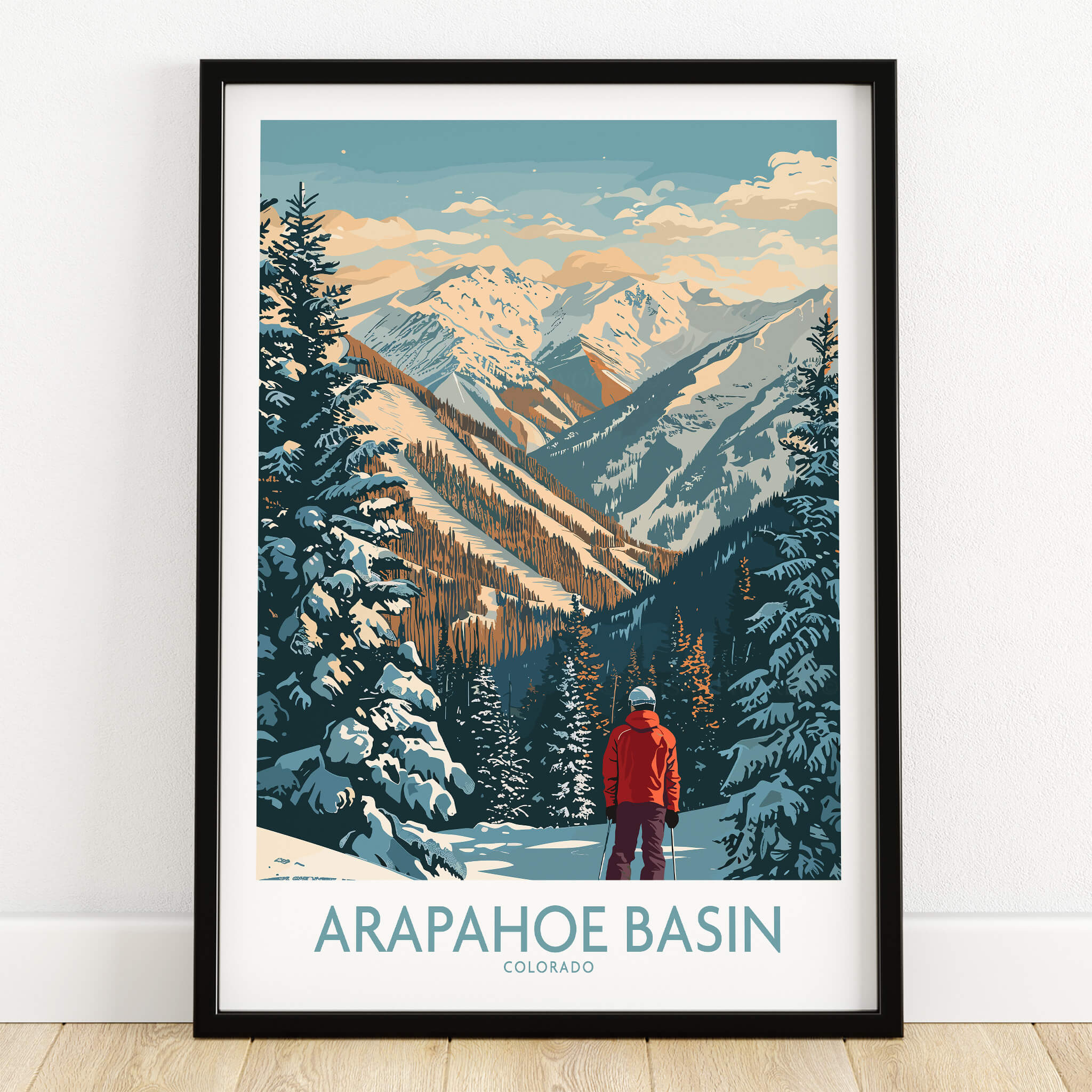 Arapahoe Basin Ski Poster featuring a snowy mountain landscape and a skier in Colorado.
