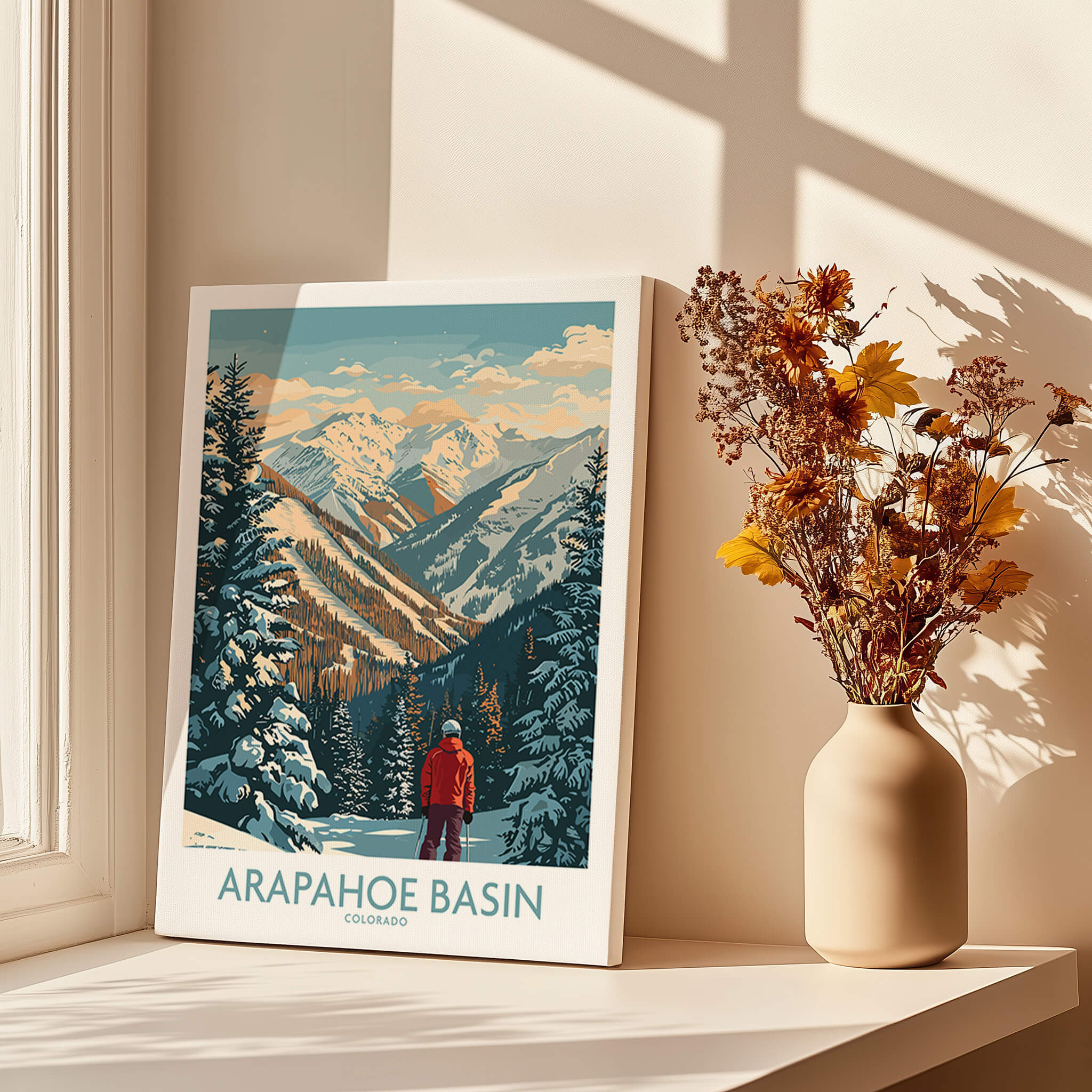 Arapahoe Basin Ski Poster featuring breathtaking mountain scenery and a skier, perfect for winter sports enthusiasts.
