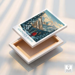 Arapahoe Basin Ski Poster displayed on a decorative box, showcasing stunning mountain imagery and ski theme.