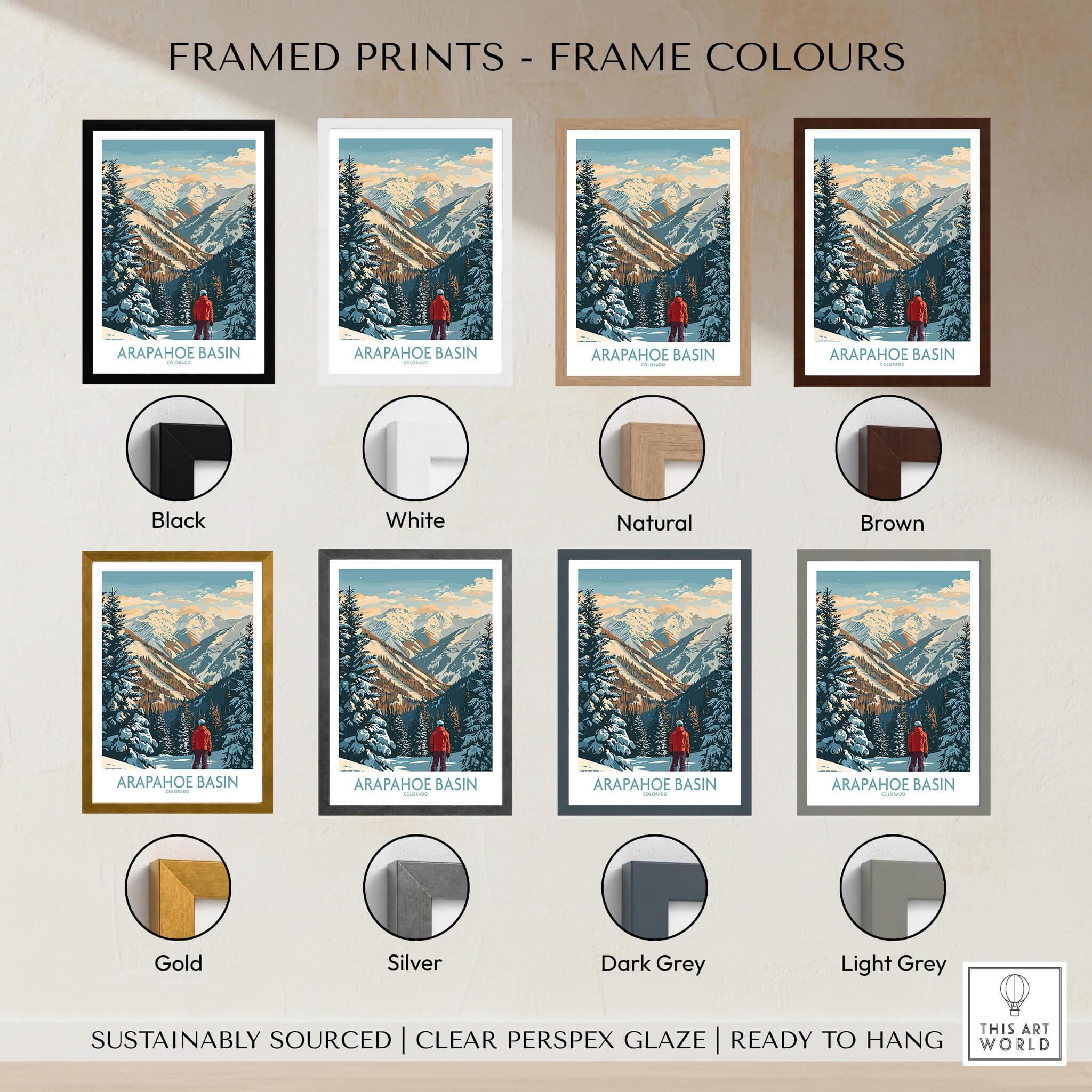 Framed Arapahoe Basin Ski Poster options in various frame colors like black, white, natural, and brown.