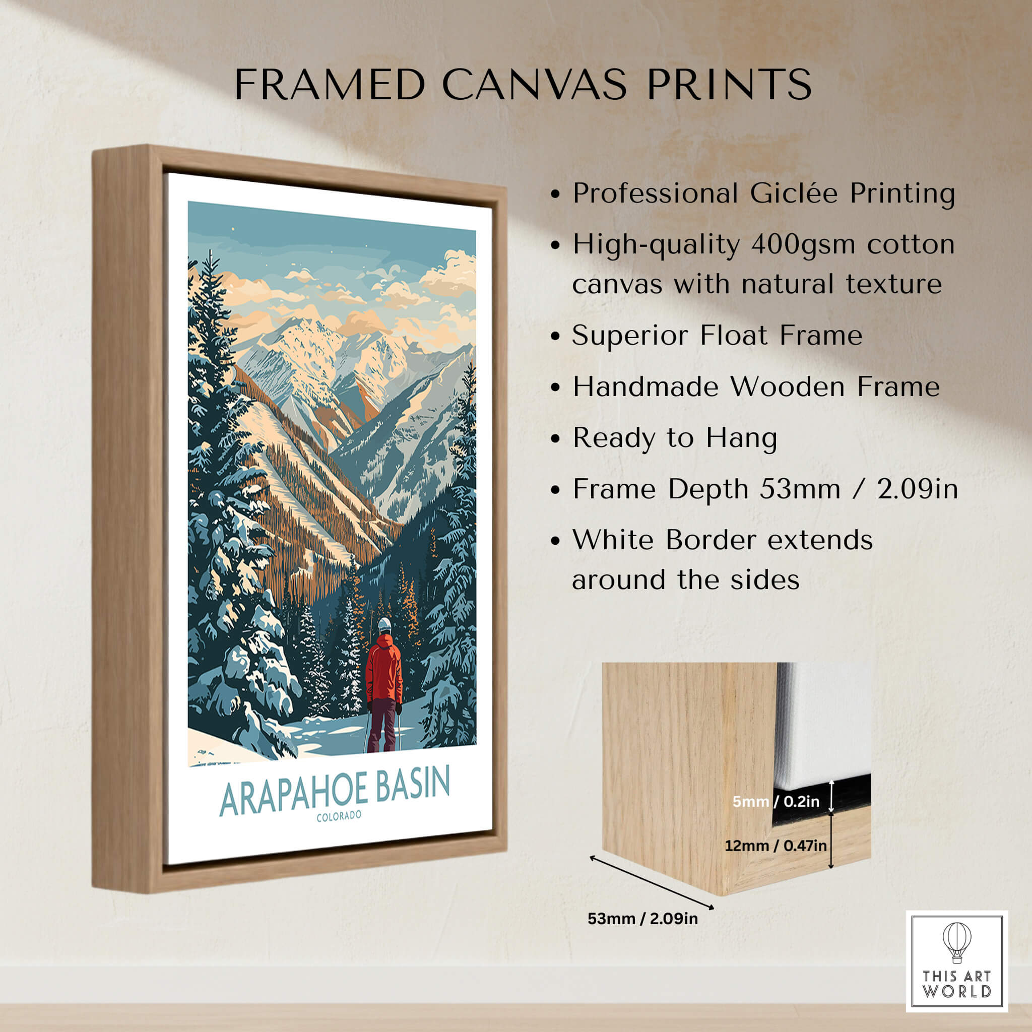 Arapahoe Basin Ski Poster framed canvas print with mountain landscape and skier design.