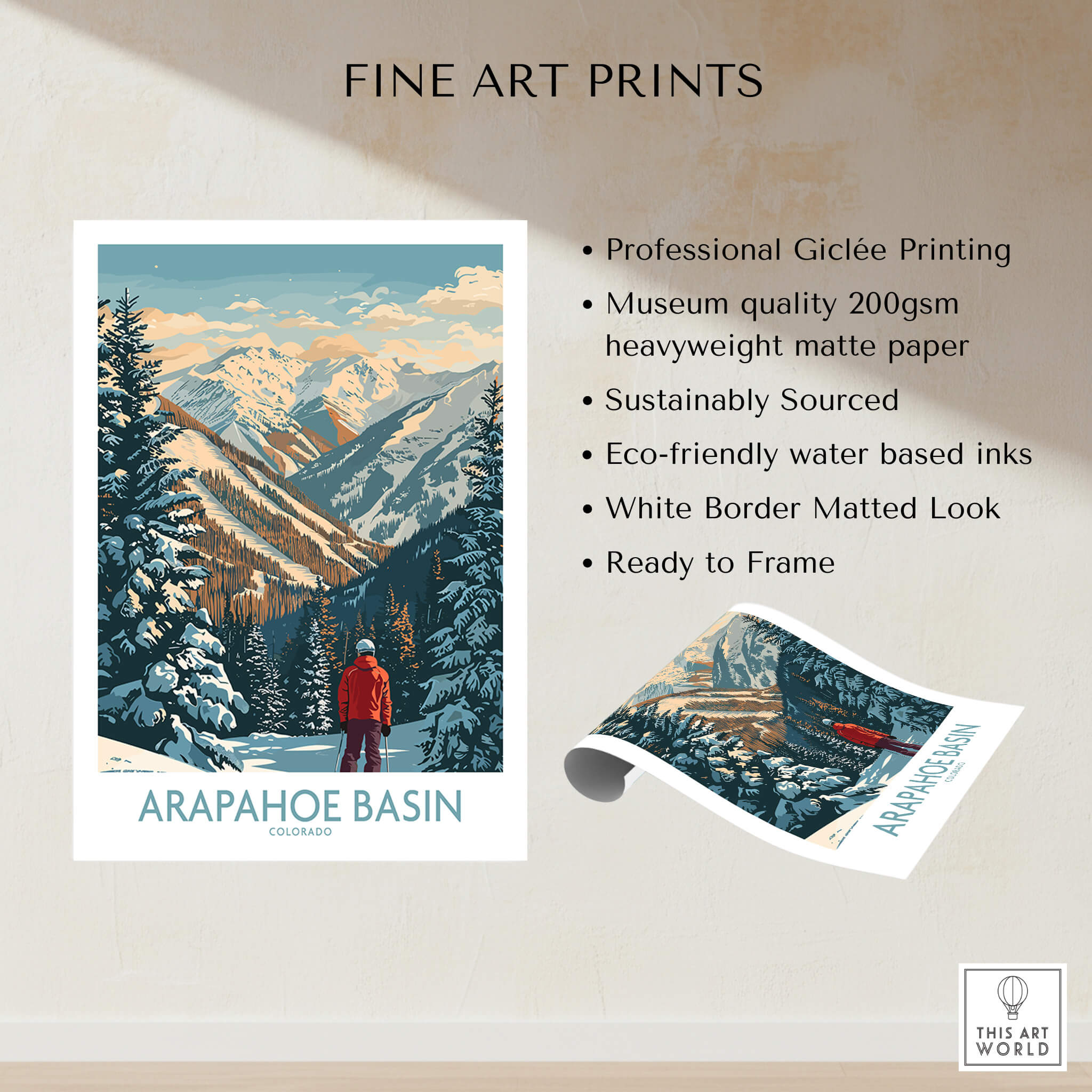 Arapahoe Basin Ski Poster showcasing stunning winter landscape and skier, perfect for home decor.