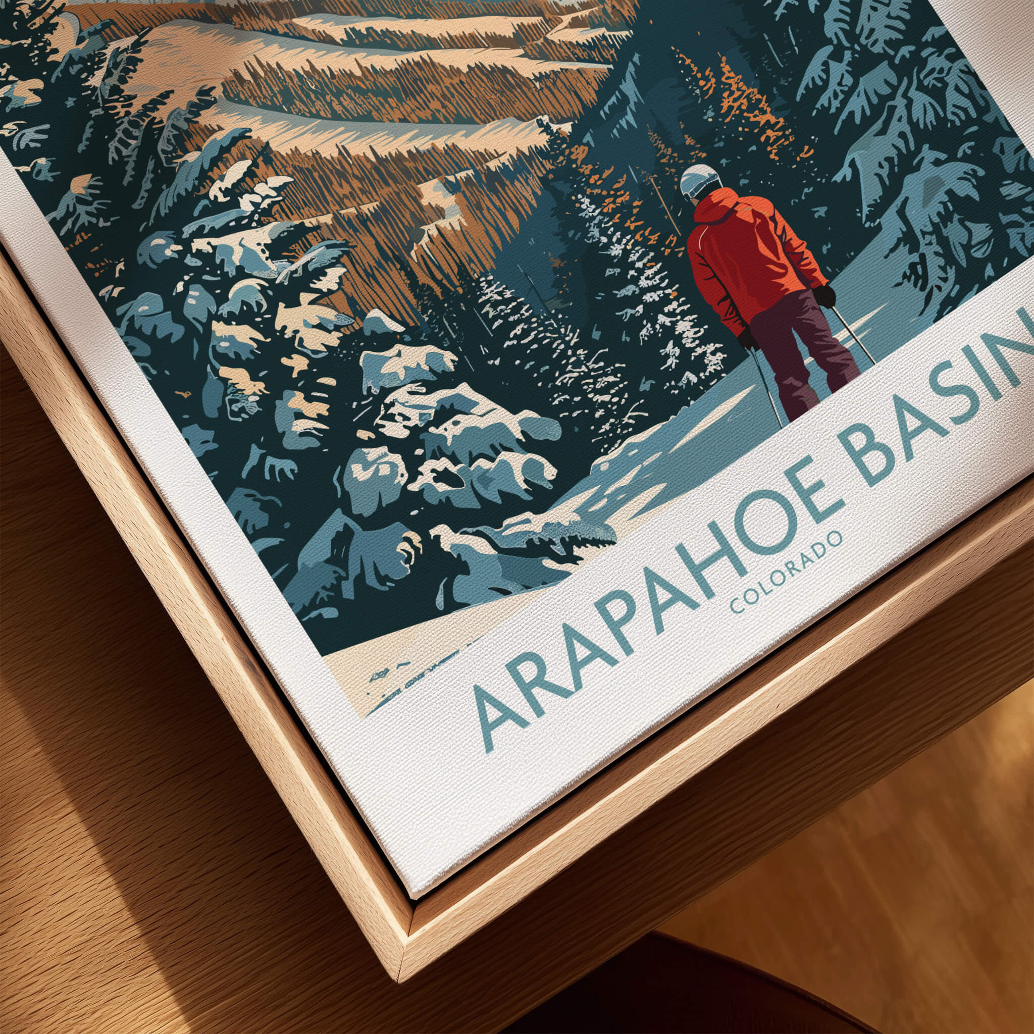 Arapahoe Basin Ski Poster showcasing a skier in the stunning snowy landscape of Colorado.