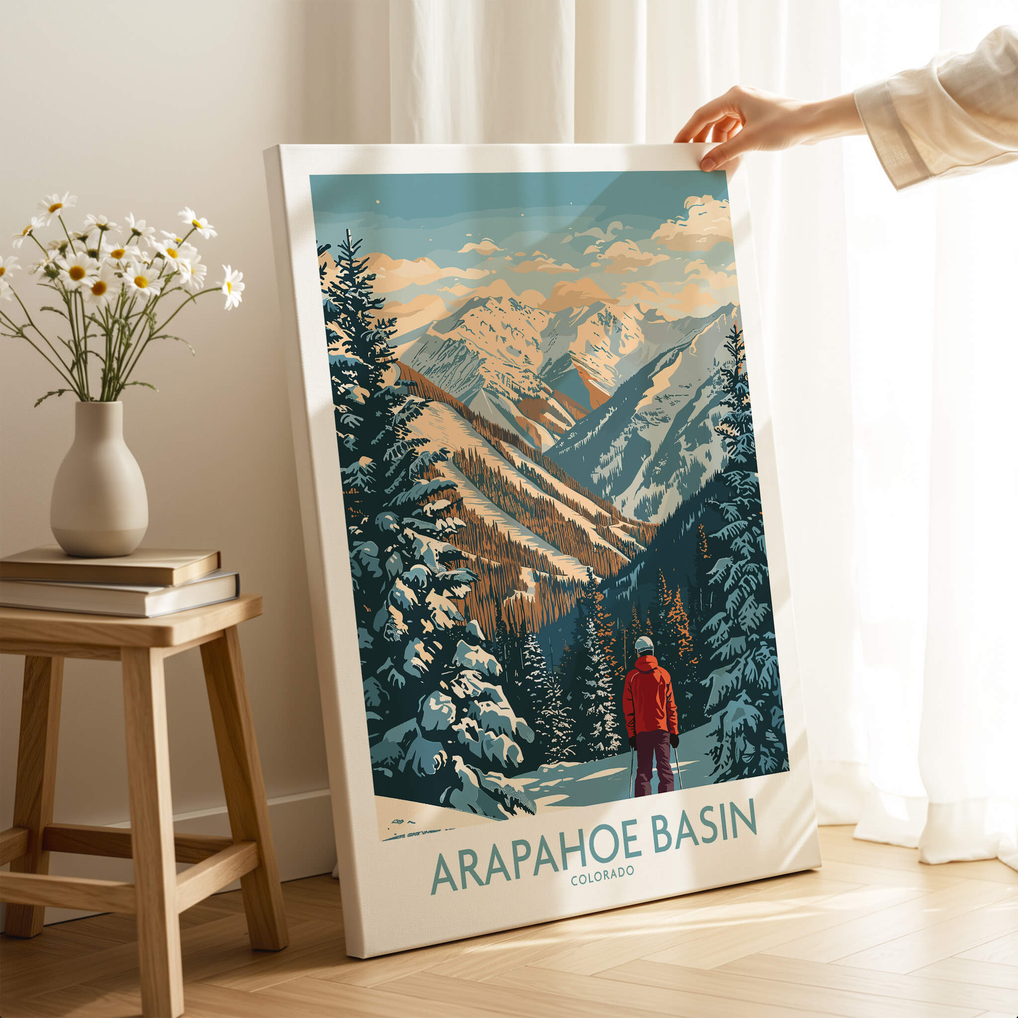 Arapahoe Basin Ski Poster showcasing stunning mountain scenery and skier in a winter landscape.