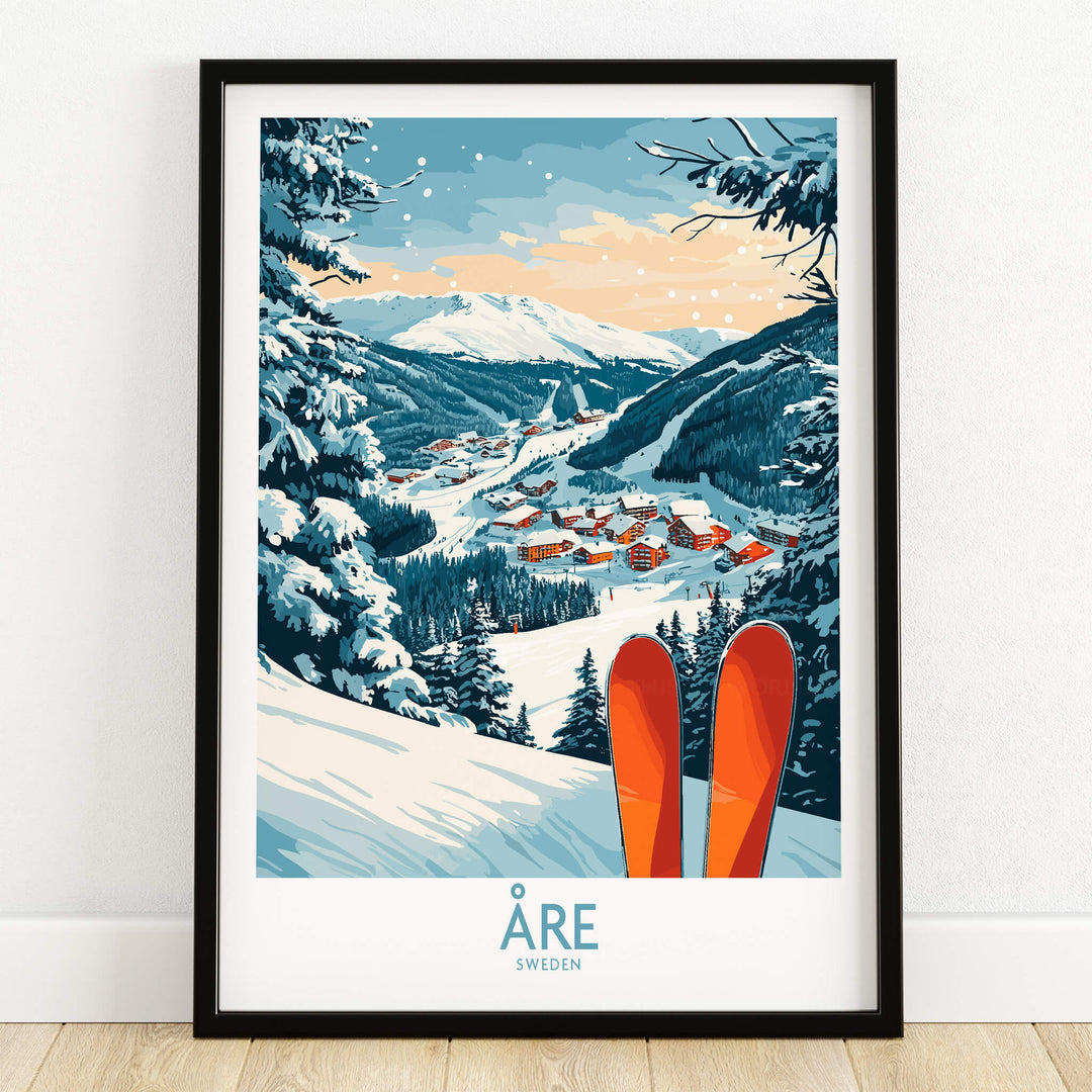 Åre Sweden Ski Poster featuring a scenic view of snowy mountains and ski slopes in Åre, Sweden.