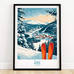 Åre Sweden Ski Poster featuring a scenic view of snowy mountains and ski slopes in Åre, Sweden.