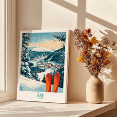 Åre Sweden Ski Poster showcasing vibrant skiing scene with mountains and snow, perfect for home decor.