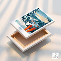 Åre Sweden Ski Poster displayed on a wooden box, featuring vibrant mountains and skiing theme.