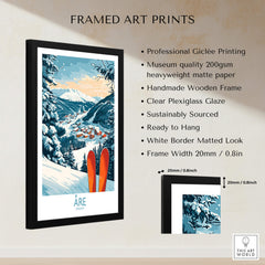 Åre Sweden Ski Poster framed art print featuring stunning mountain scenery and skiing elements.