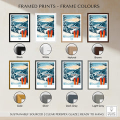 Åre Sweden Ski Poster shown in various frame colors including black, white, natural, and brown options.