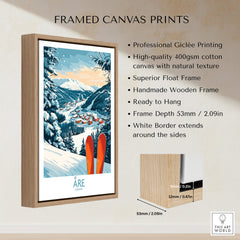 Åre Sweden Ski Poster framed canvas print showcasing snowy mountains and ski slopes, ready to hang for decoration.