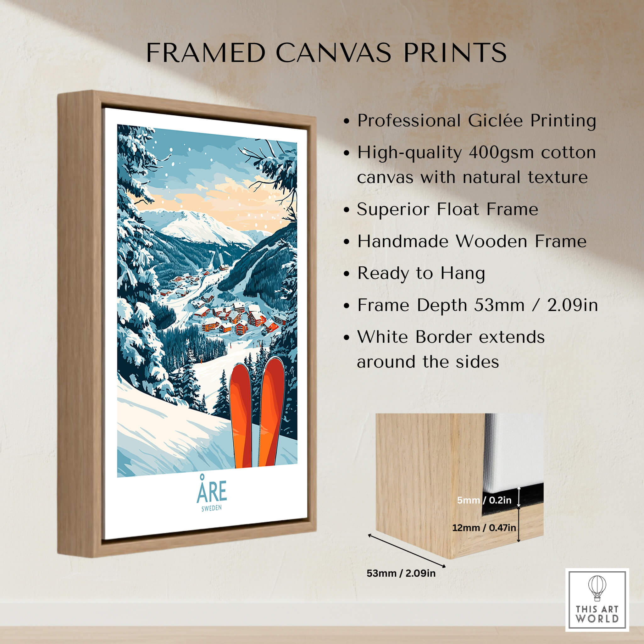 Åre Sweden Ski Poster framed canvas print showcasing snowy mountains and ski slopes, ready to hang for decoration.